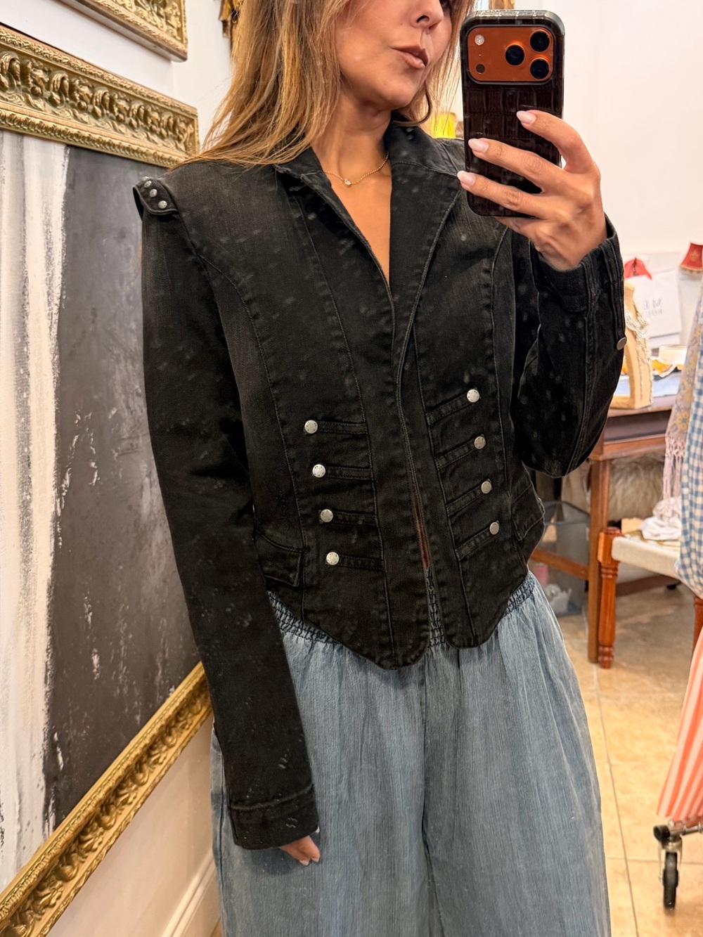 Black denim napoleon hussar jacket Medium light wash studded jacket M